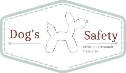 Un logo de collier pour chien avec le contour en couture . Le texte à gauche indique « Chien » et à droite, « Sécurité ». En bas à droite, il est écrit « création artisanale française ».