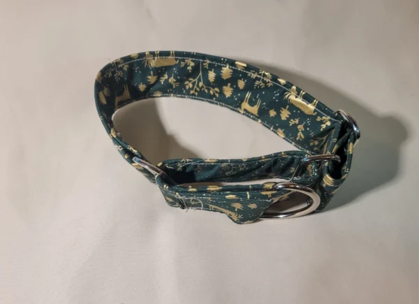collier chien martingale dogs safety en 5 cm ou 50 mm modele cerf doré vert noel vue de dessus