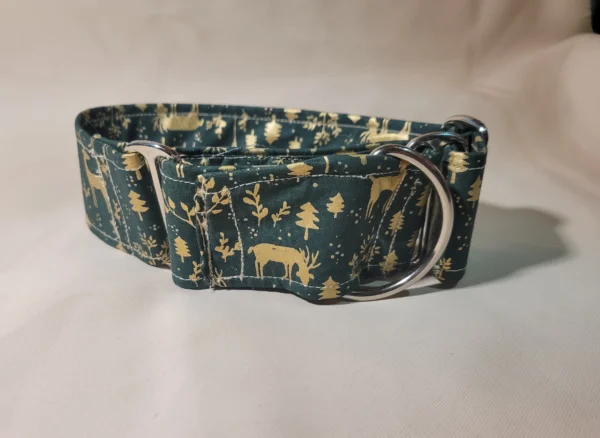 collier chien martingale dogs safety en 5 cm ou 50 mm modele cerf doré vert noel vue de face bis